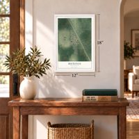 Buchanan, North Dakota map, 12 x 18 inch print in a white frame in an entryway