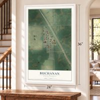 Buchanan, North Dakota map, 24 x 36 inch print in a white frame by a staircase