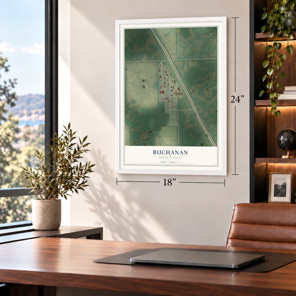 Buchanan, North Dakota map, 18 x 24 inch print in a white frame in a home office