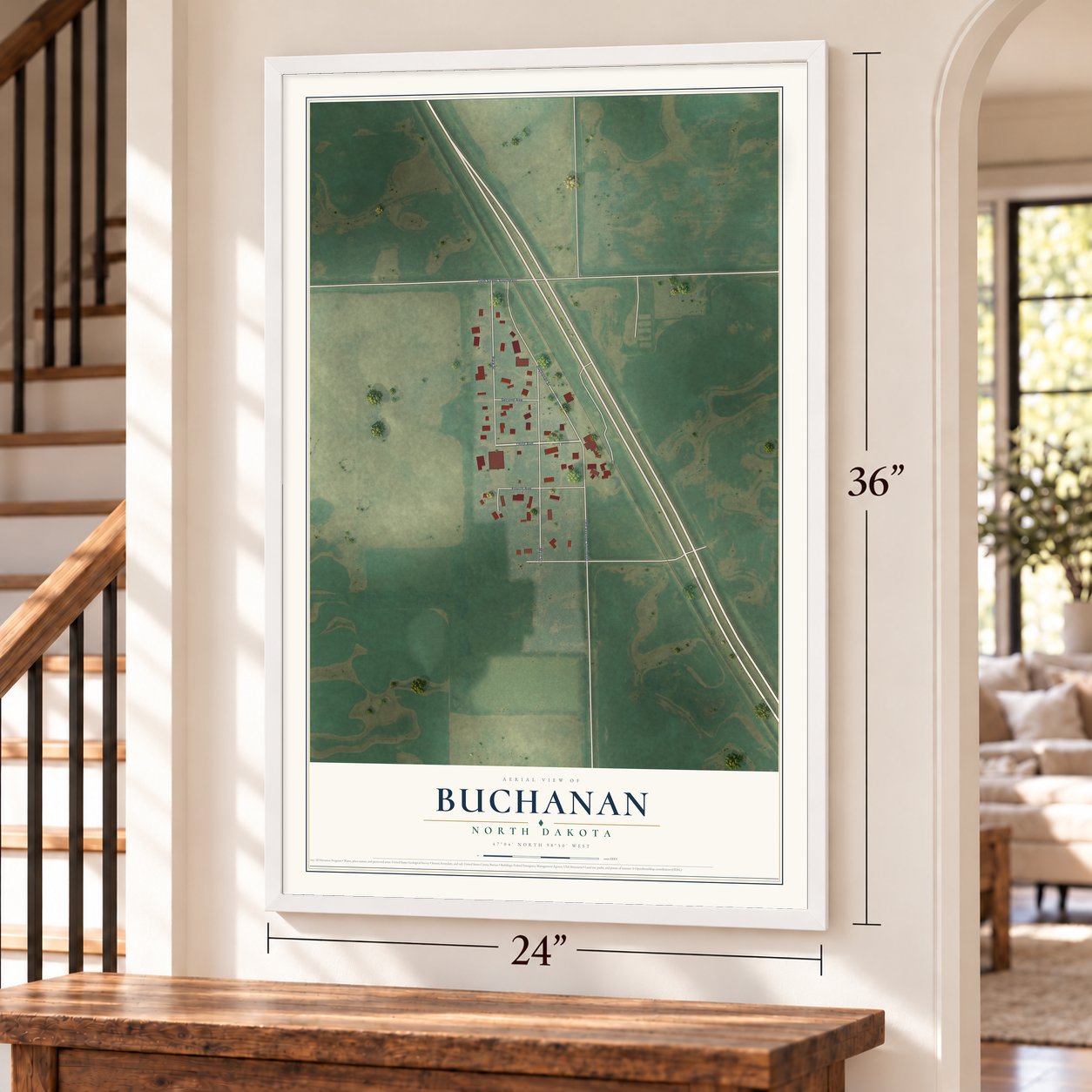 Buchanan, North Dakota map, 24 x 36 inch print in a white frame by a staircase