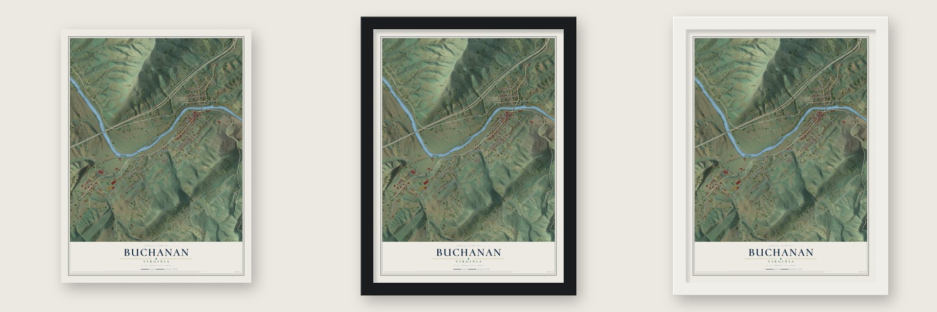 Buchanan, Virginia map unframed, in a black wood frame and in a white wood frame
