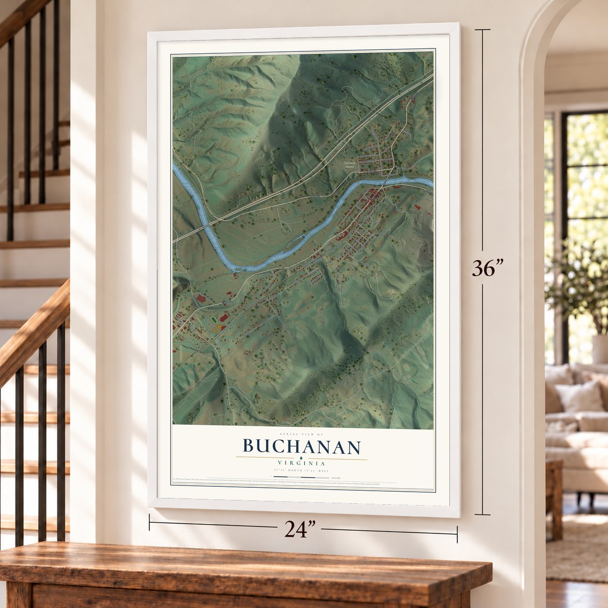 Buchanan, Virginia map, 24 x 36 inch print in a white frame by a staircase