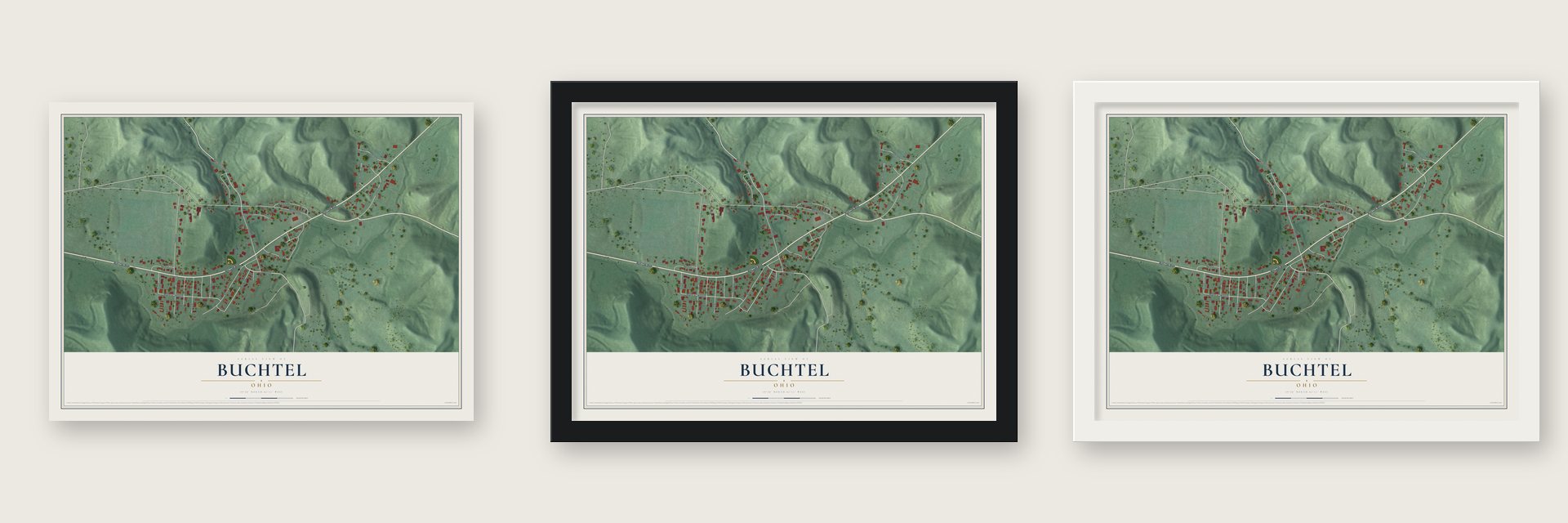 Buchtel, Ohio map unframed, in a black wood frame and in a white wood frame