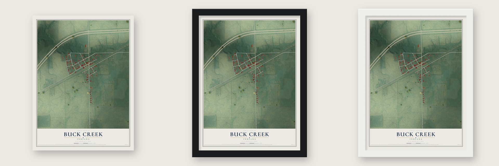 Buck Creek, Indiana map unframed, in a black wood frame and in a white wood frame