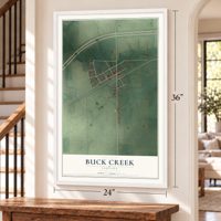 Buck Creek, Indiana map, 24 x 36 inch print in a white frame by a staircase