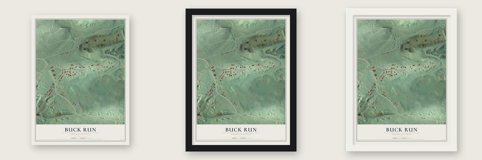 Buck Run, Pennsylvania map unframed, in a black wood frame and in a white wood frame