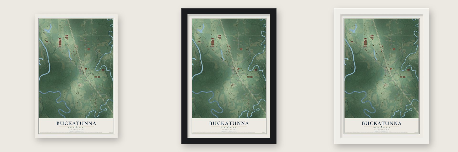 Buckatunna, Mississippi map unframed, in a black wood frame and in a white wood frame