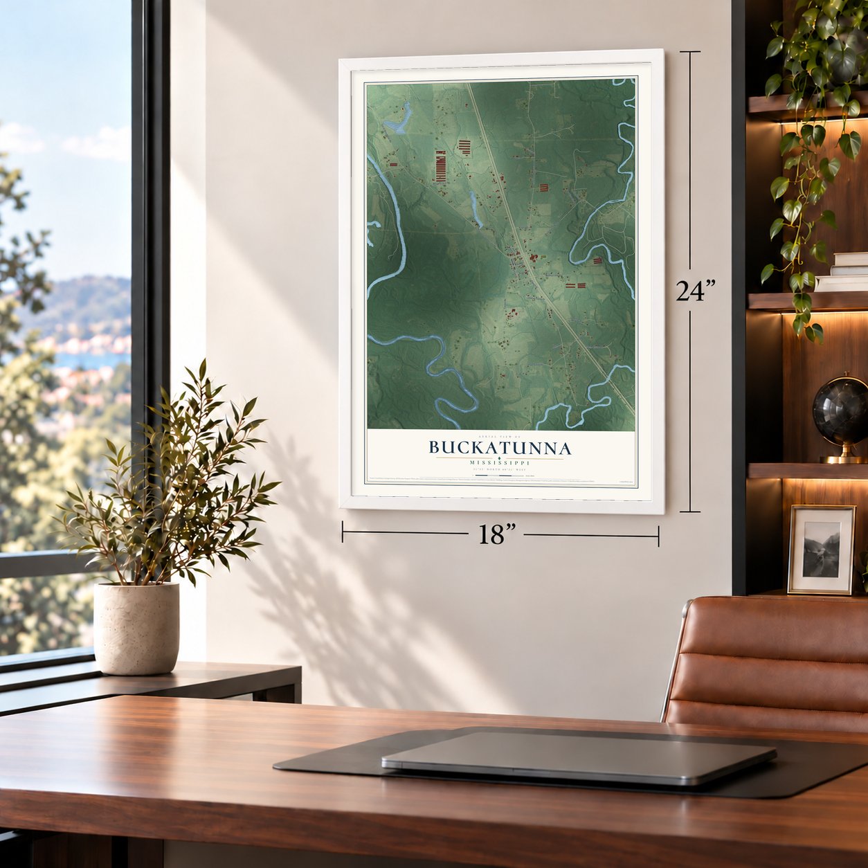 Buckatunna, Mississippi map, 18 x 24 inch print in a white frame in a home office
