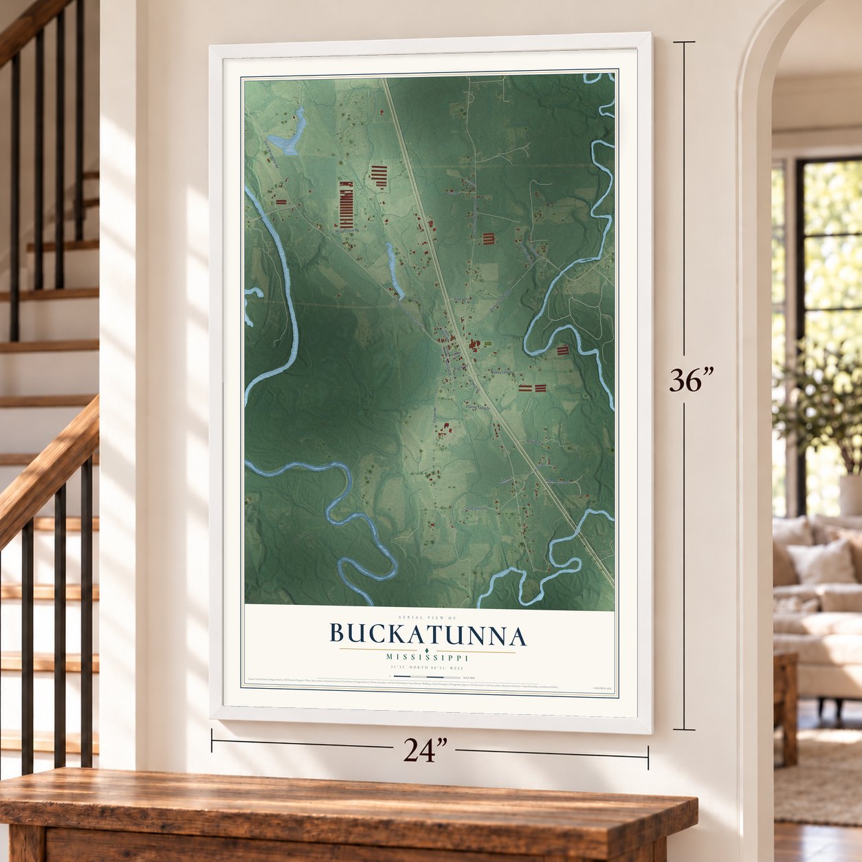 Buckatunna, Mississippi map, 24 x 36 inch print in a white frame by a staircase