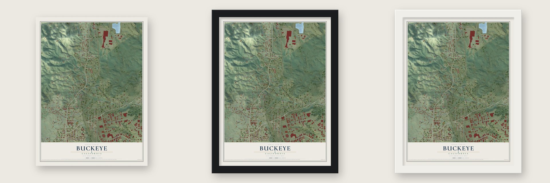 Buckeye, California map unframed, in a black wood frame and in a white wood frame