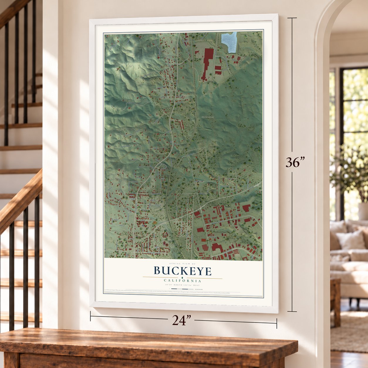 Buckeye, California map, 24 x 36 inch print in a white frame by a staircase