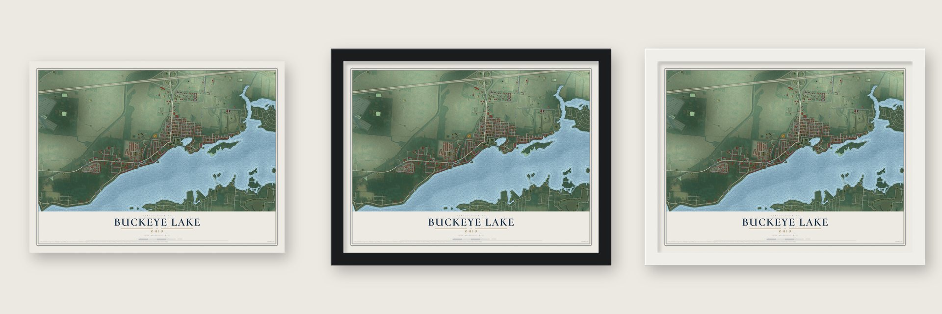 Buckeye Lake, Ohio map unframed, in a black wood frame and in a white wood frame
