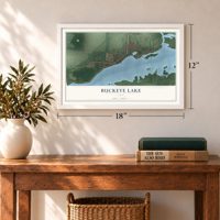 Buckeye Lake, Ohio map, 12 x 18 inch print in a white frame in an entryway