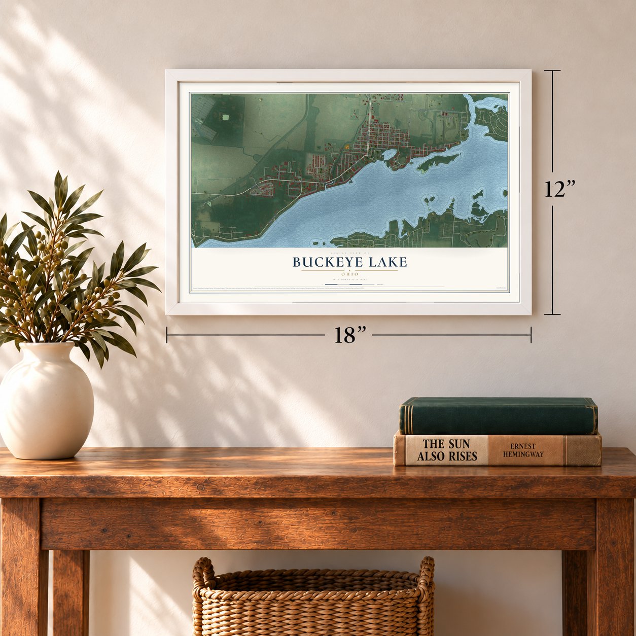 Buckeye Lake, Ohio map, 12 x 18 inch print in a white frame in an entryway