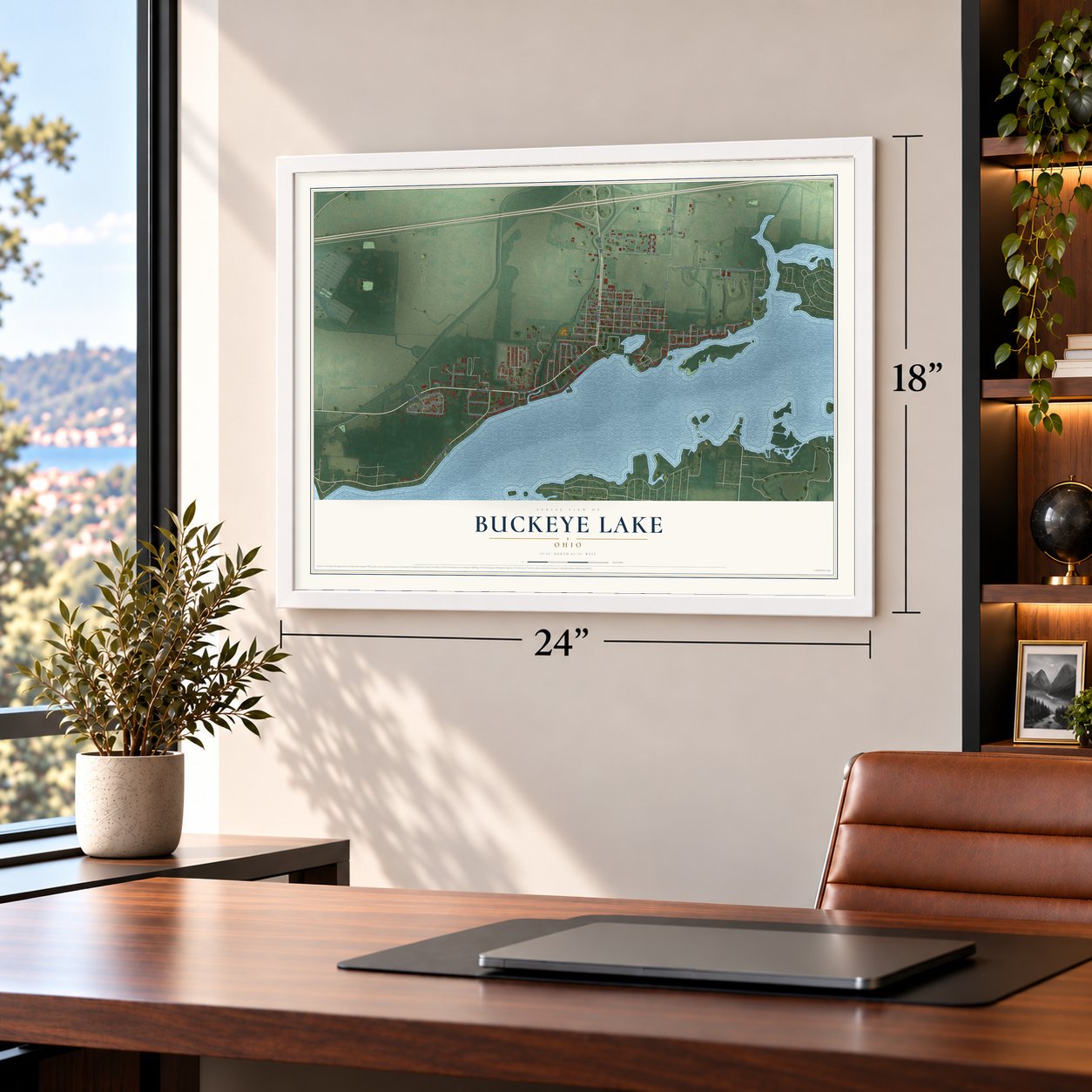 Buckeye Lake, Ohio map, 18 x 24 inch print in a white frame in a home office