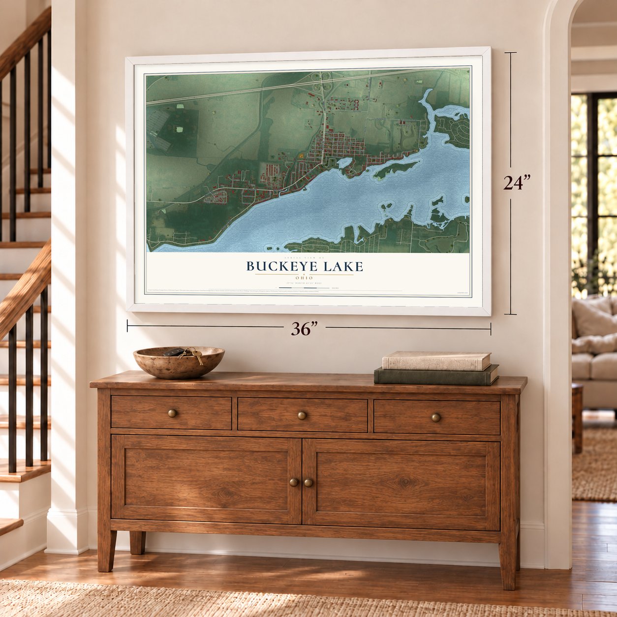Buckeye Lake, Ohio map, 24 x 36 inch print in a white frame above a dresser by a staircase