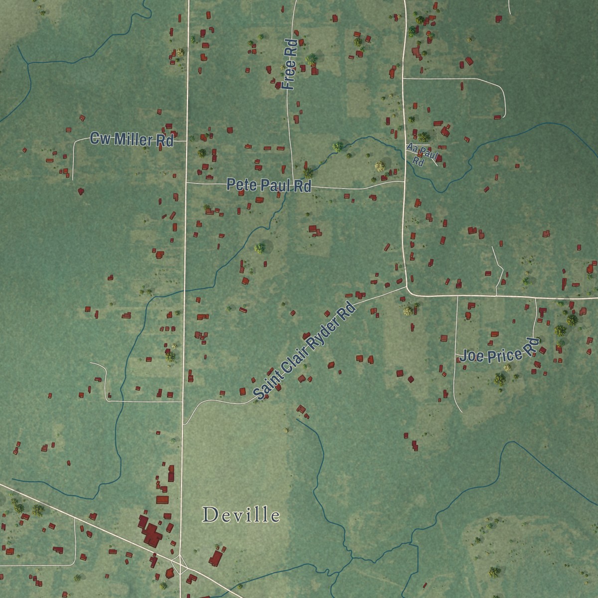Second close-up of the map of Buckeye, Louisiana print showing more streets and buildings