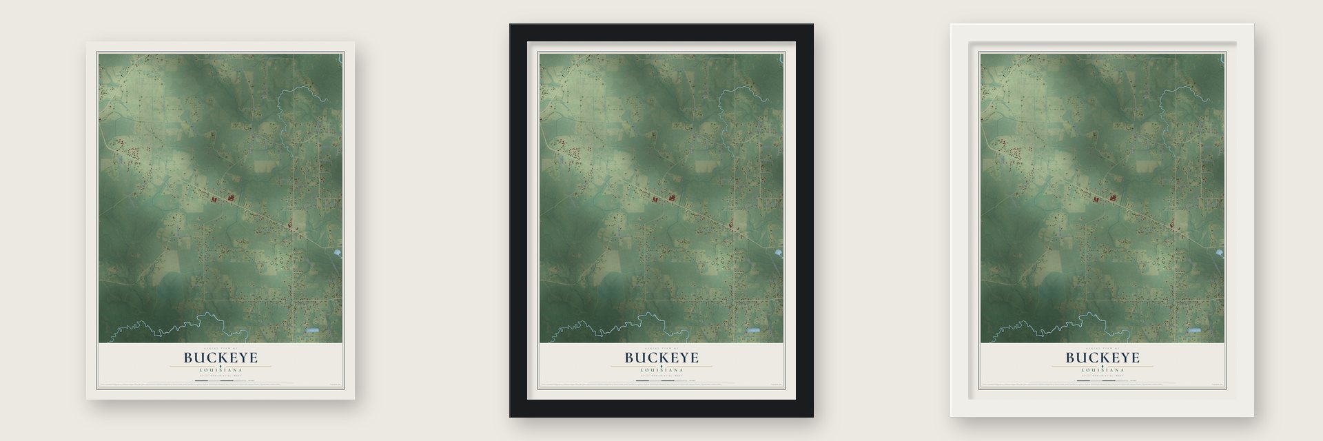 Buckeye, Louisiana map unframed, in a black wood frame and in a white wood frame