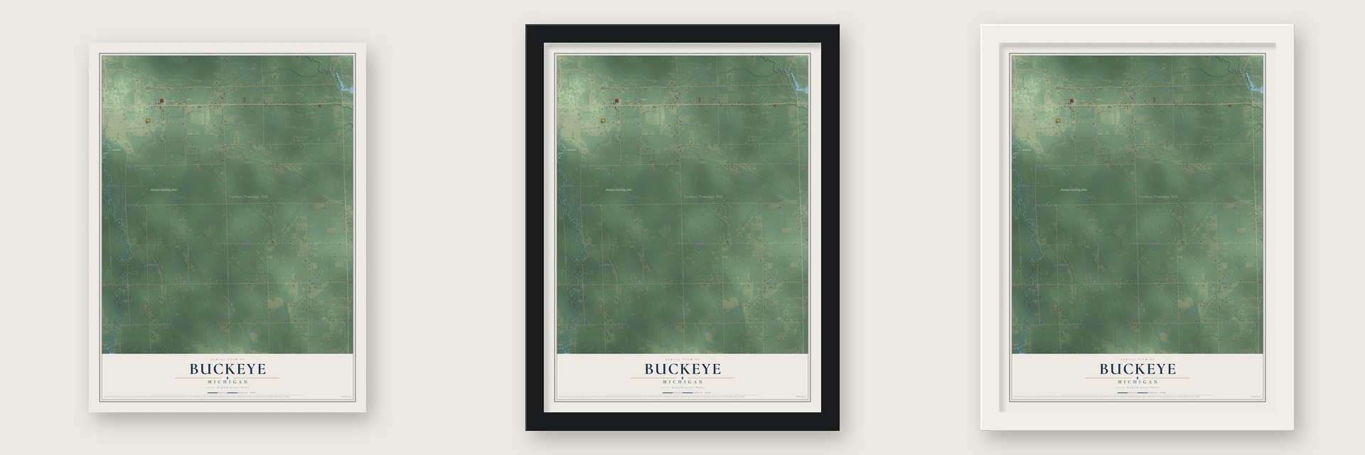 Buckeye, Michigan map unframed, in a black wood frame and in a white wood frame
