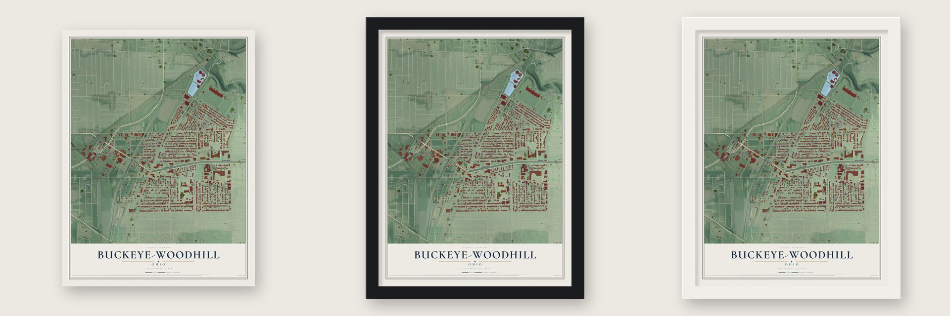 Buckeye-Woodhill, Ohio map unframed, in a black wood frame and in a white wood frame