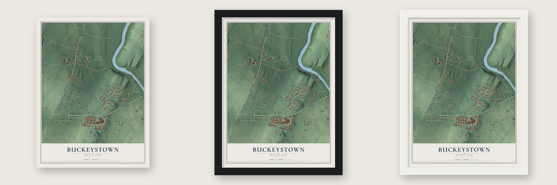 Buckeystown, Maryland map unframed, in a black wood frame and in a white wood frame