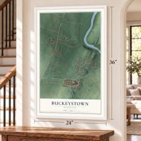 Buckeystown, Maryland map, 24 x 36 inch print in a white frame by a staircase