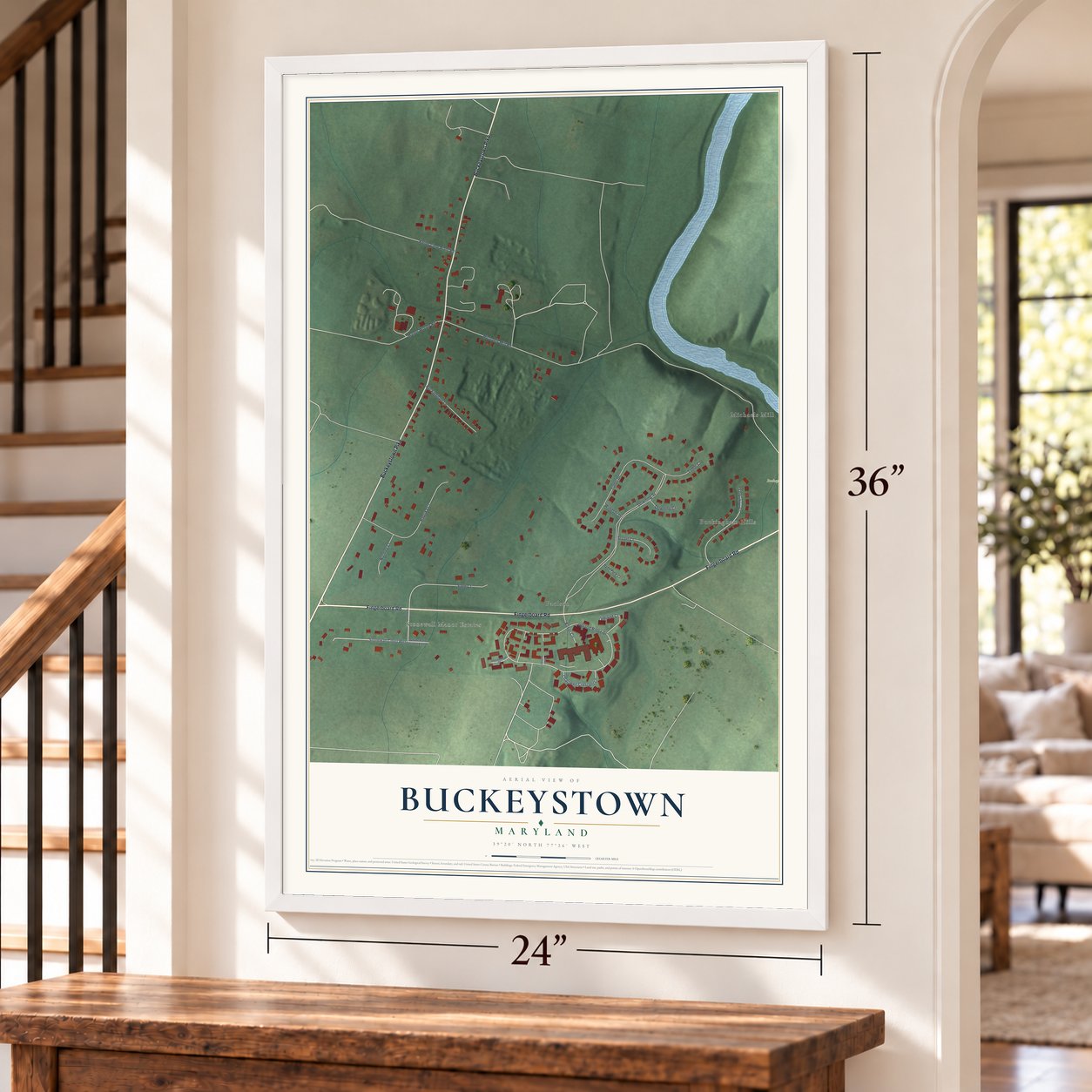 Buckeystown, Maryland map, 24 x 36 inch print in a white frame by a staircase