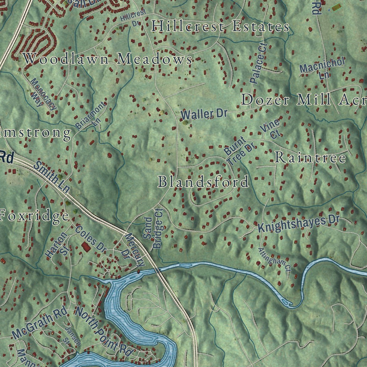 Second close-up of the map of Buckhall, Virginia print showing more streets and buildings