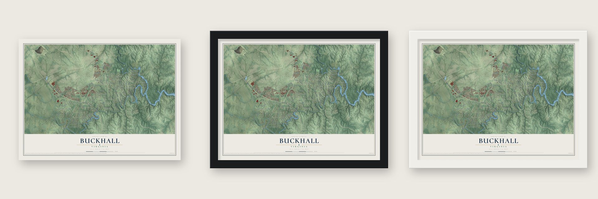 Buckhall, Virginia map unframed, in a black wood frame and in a white wood frame