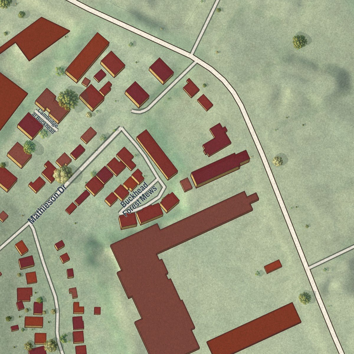 Second close-up of the map of Buckhead Forest, Georgia print showing more streets and buildings