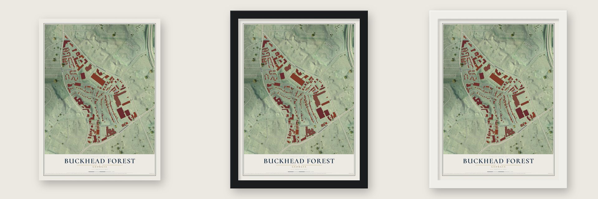 Buckhead Forest, Georgia map unframed, in a black wood frame and in a white wood frame