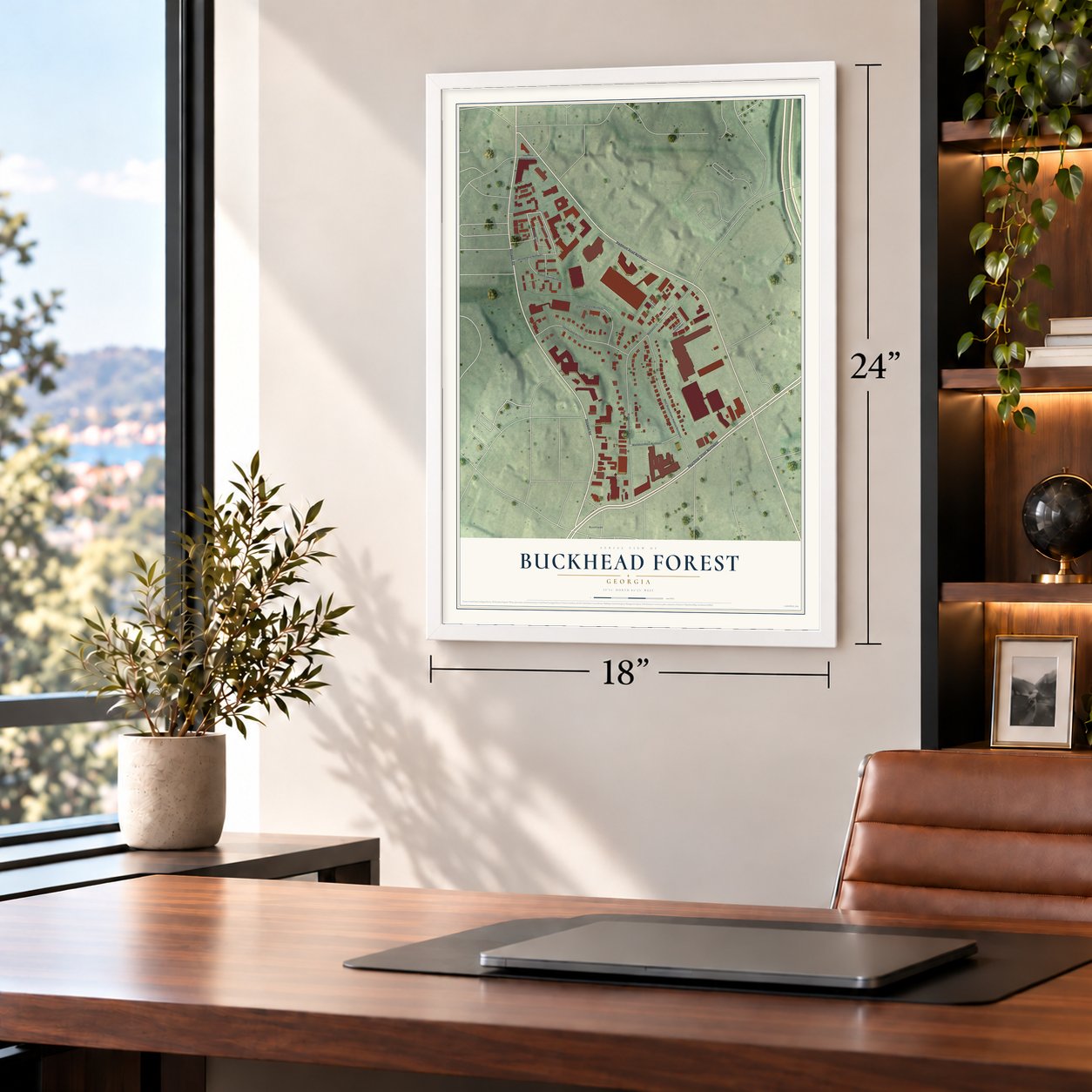 Buckhead Forest, Georgia map, 18 x 24 inch print in a white frame in a home office
