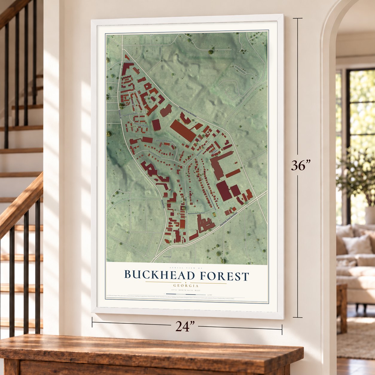 Buckhead Forest, Georgia map, 24 x 36 inch print in a white frame by a staircase
