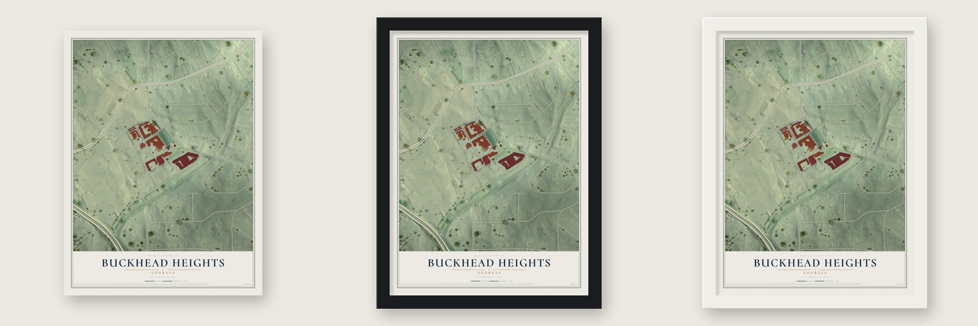 Buckhead Heights, Georgia map unframed, in a black wood frame and in a white wood frame