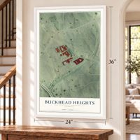 Buckhead Heights, Georgia map, 24 x 36 inch print in a white frame by a staircase