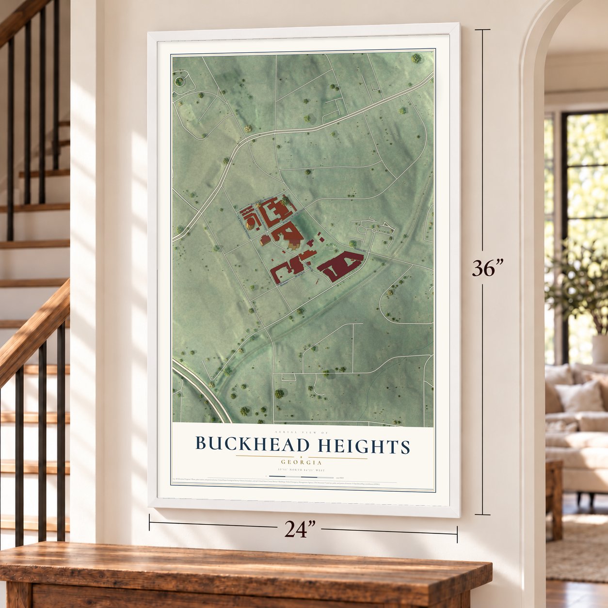 Buckhead Heights, Georgia map, 24 x 36 inch print in a white frame by a staircase