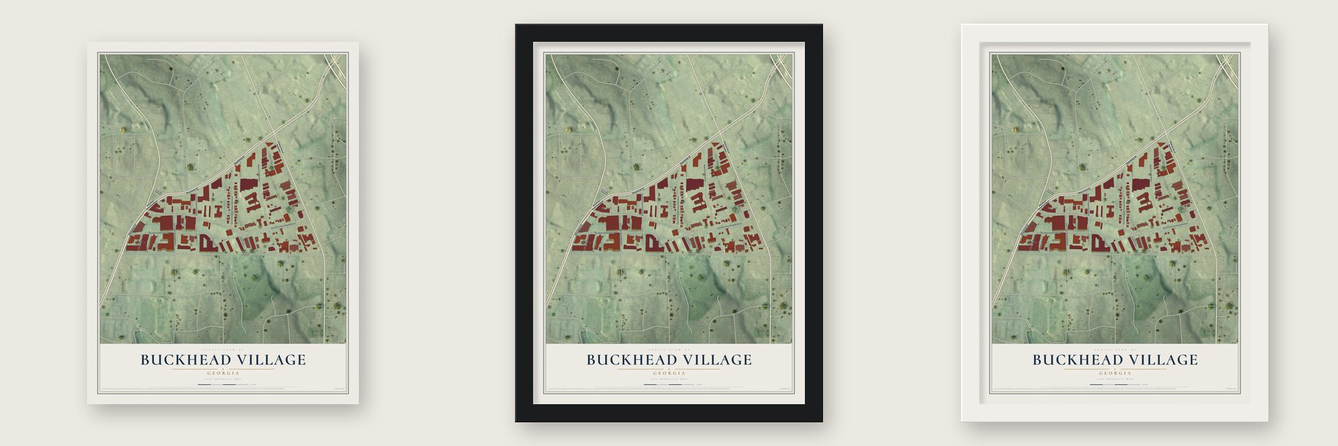 Buckhead Village, Georgia map unframed, in a black wood frame and in a white wood frame