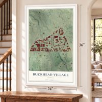 Buckhead Village, Georgia map, 24 x 36 inch print in a white frame by a staircase