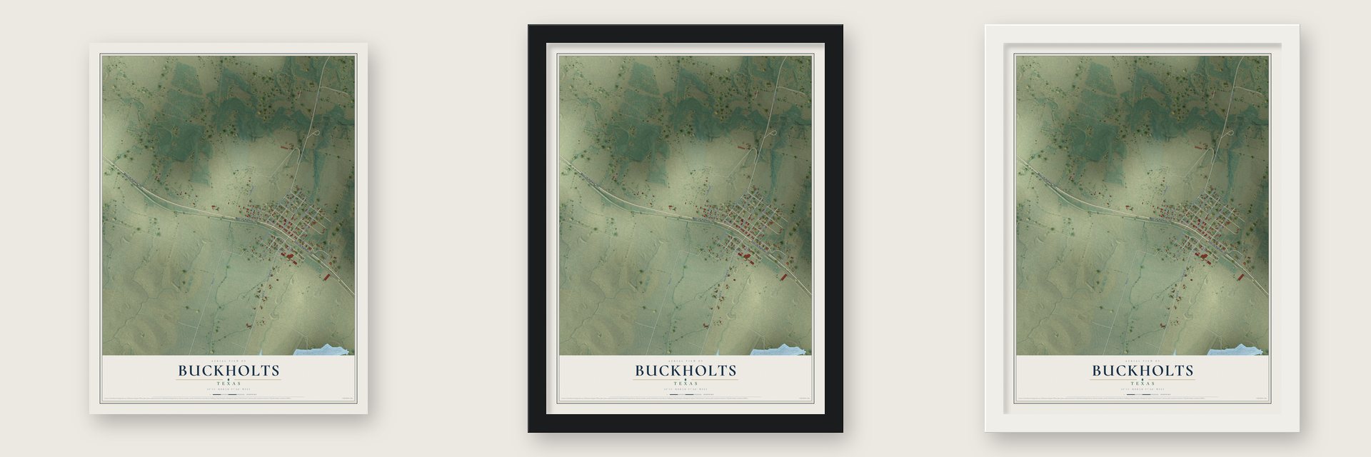 Buckholts, Texas map unframed, in a black wood frame and in a white wood frame