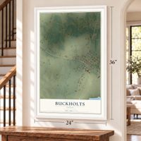 Buckholts, Texas map, 24 x 36 inch print in a white frame by a staircase