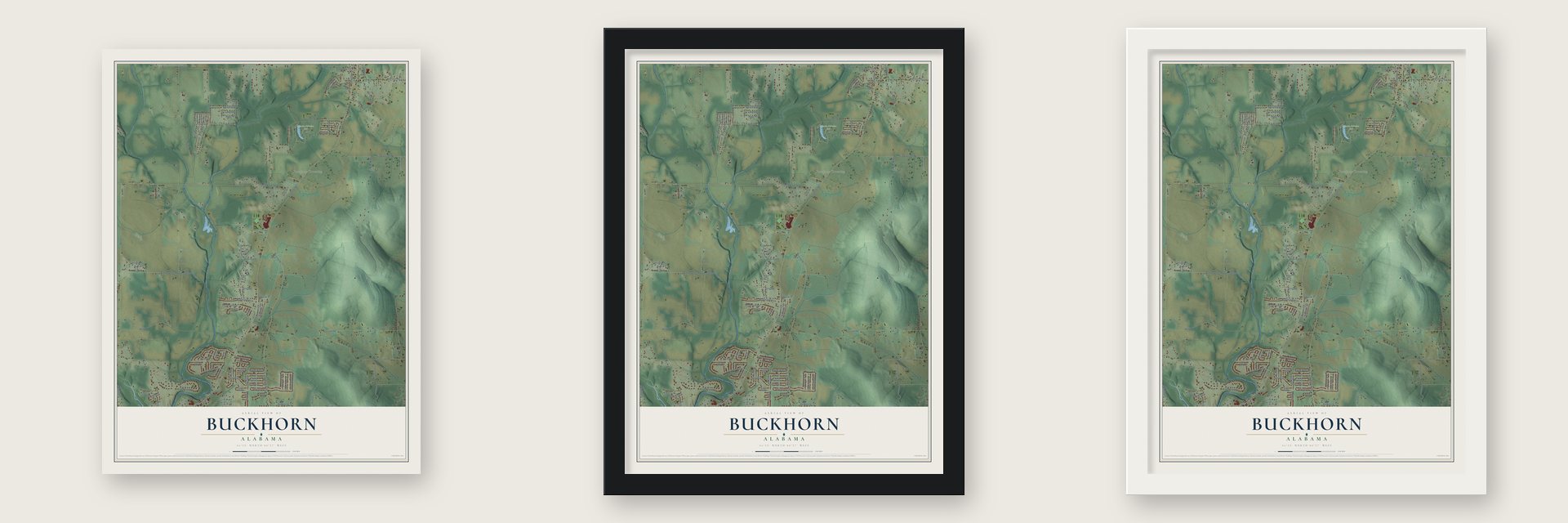Buckhorn, Alabama map unframed, in a black wood frame and in a white wood frame