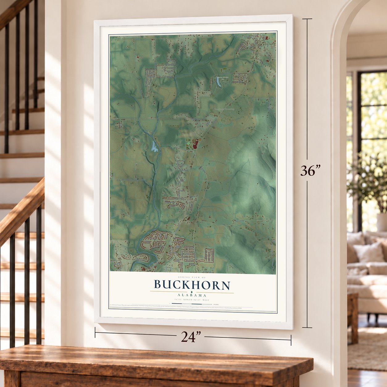 Buckhorn, Alabama map, 24 x 36 inch print in a white frame by a staircase