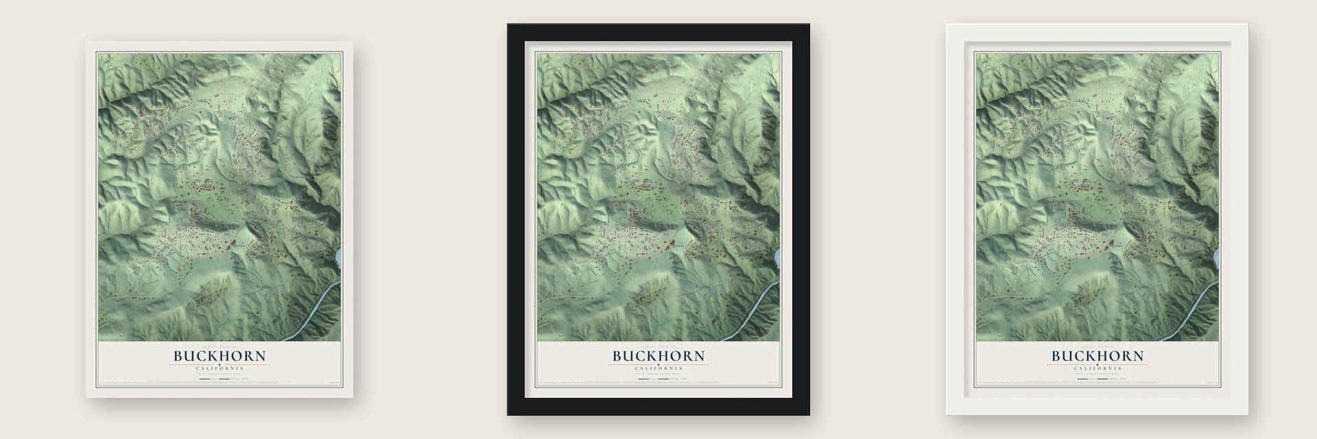 Buckhorn, California map unframed, in a black wood frame and in a white wood frame