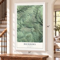Buckhorn, California map, 24 x 36 inch print in a white frame by a staircase