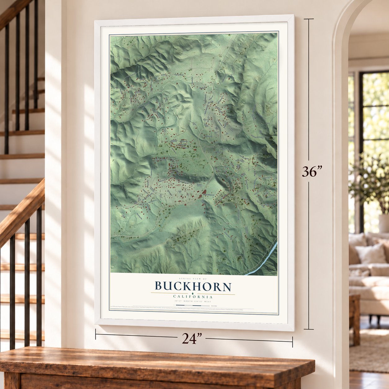 Buckhorn, California map, 24 x 36 inch print in a white frame by a staircase
