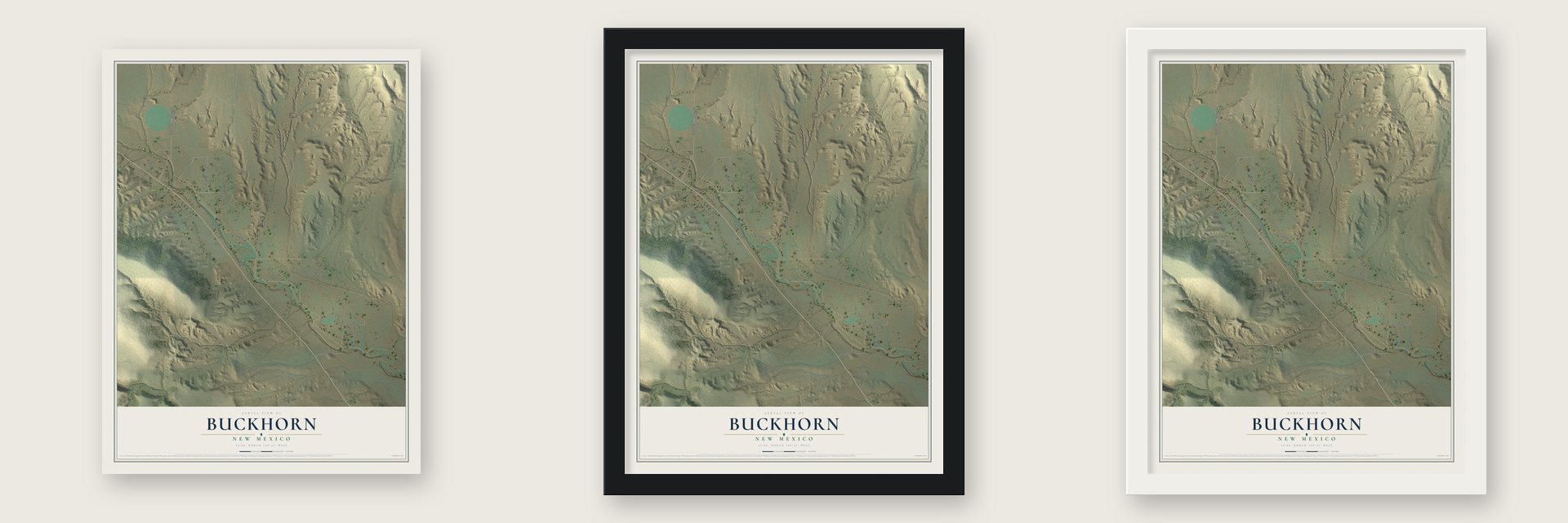Buckhorn, New Mexico map unframed, in a black wood frame and in a white wood frame
