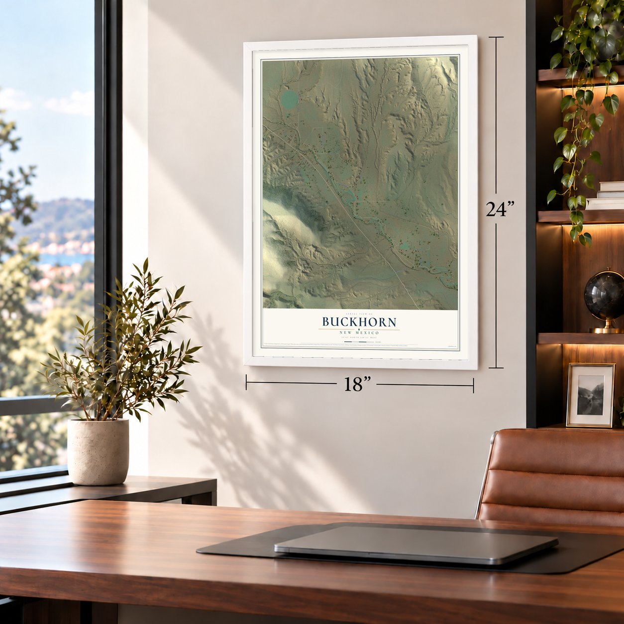 Buckhorn, New Mexico map, 18 x 24 inch print in a white frame in a home office