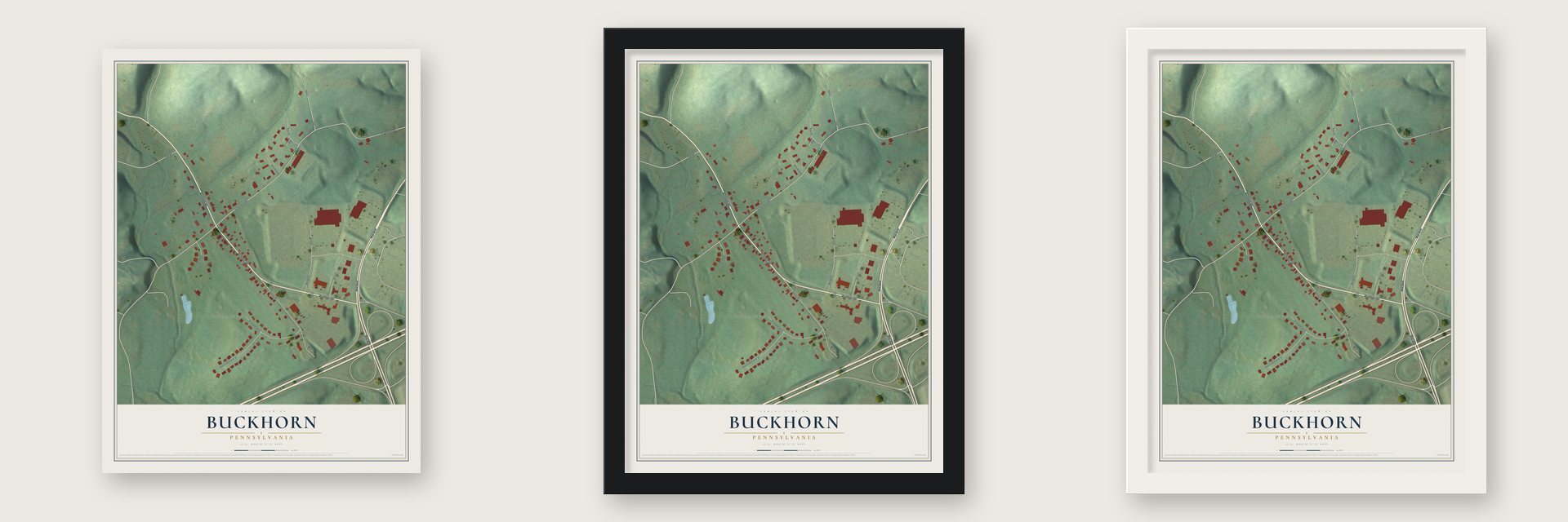 Buckhorn, Pennsylvania map unframed, in a black wood frame and in a white wood frame