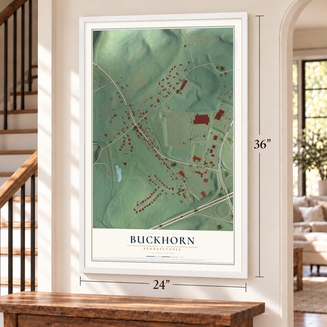 Buckhorn, Pennsylvania map, 24 x 36 inch print in a white frame by a staircase
