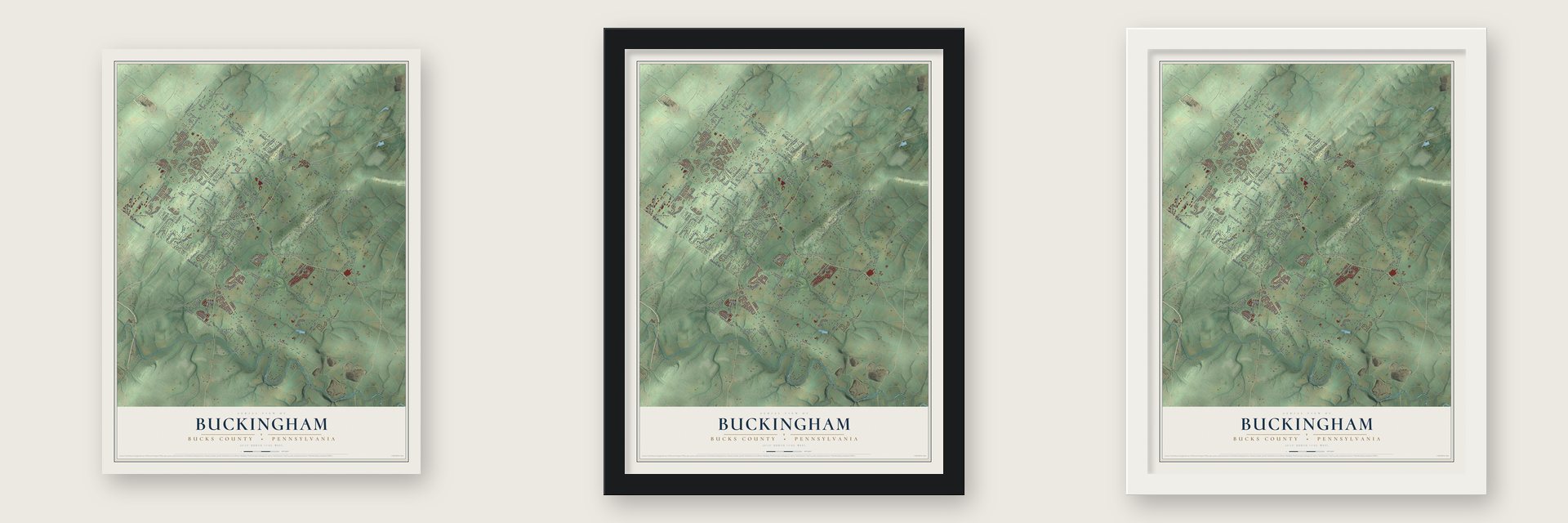 Buckingham, Bucks County, Pennsylvania map unframed, in a black wood frame and in a white wood frame